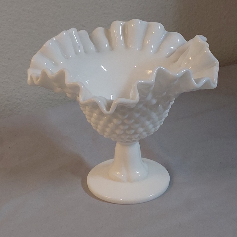 Vintage Fenton Hobnail White Milk Glass Pedestal Compote Candy Dish Ruffled 6"